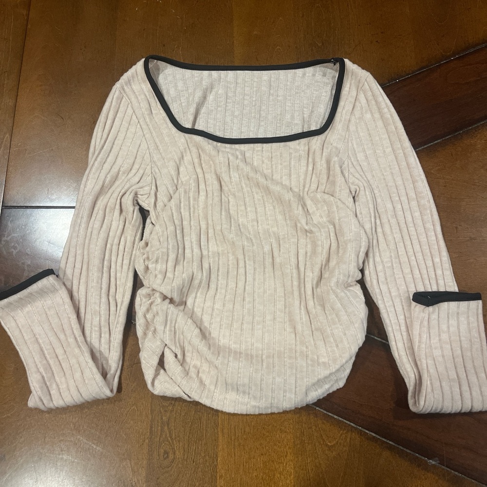 SHEIN Cream Ribbed Long Sleeve Top with Black Trim